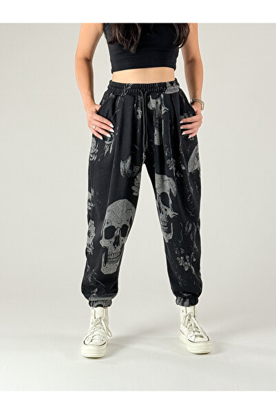 COCOPELLI Skull Patterned Women's Pleated Jogger Pants