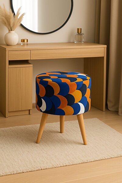 Lunova Home Modern Dekoratif Ahşap Masif Ayaklı Kadife Hilal Desenli Puf Bench Tabure Koltuk