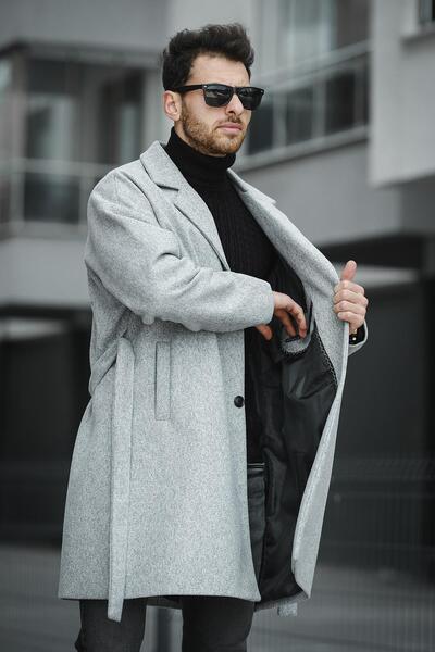Oksit Layun Erkek Kemerli Oversize Rahat Kesim Kaşe Kaban Palto