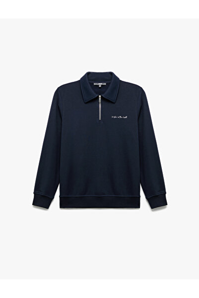 Koton Nakışlı Uzun Kollu Yarım Fermuarlı Polo Yaka Sweatshirt