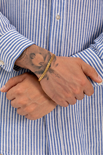 Fjellor Erkek Özel Tasarım İtalyan Desenli Ezme Modeli Yeni Sezon Altın Renk Çelik Bileklik