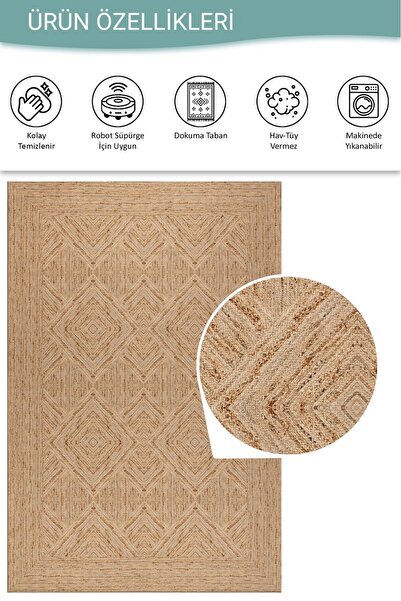 ARTLOOP Nora Jüt Rengi Geometrik Desenli Dokuma Tabanlı Modern Şönil Halı AL 524