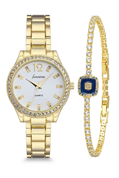 Forentina Kadın Gold Renk Kol Saati-lacivert Taşlı Bileklik Kombin Ps4093