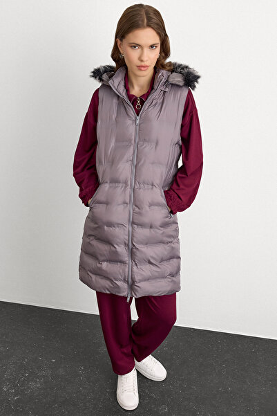 Olcay Removable Hooded Patterned Puffer Vest Gray 8210