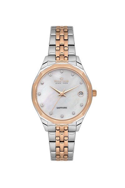 Nacar ساعة يد نسائية فضية من الزجاج الياقوت - روز NC34-39B715-ESMS