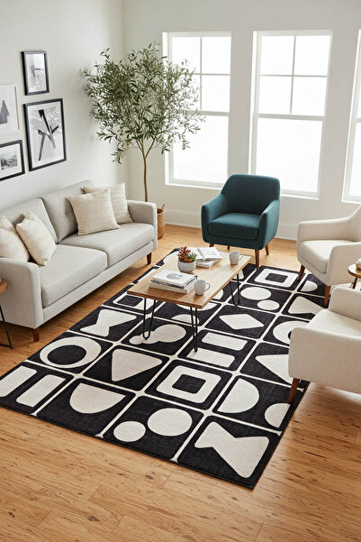 ARTLOOP Fuga Yumuşak Dokulu Siyah/Beyaz Modern Desenli Halı KA 22
