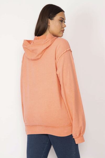 Şans Women's Large Size Orange Hooded Kangaroo Pocket Sweatshirt 65n29634