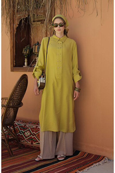 Fatma Atasoy Geniş Patlı Maksi Yağ Yeşili Tunik