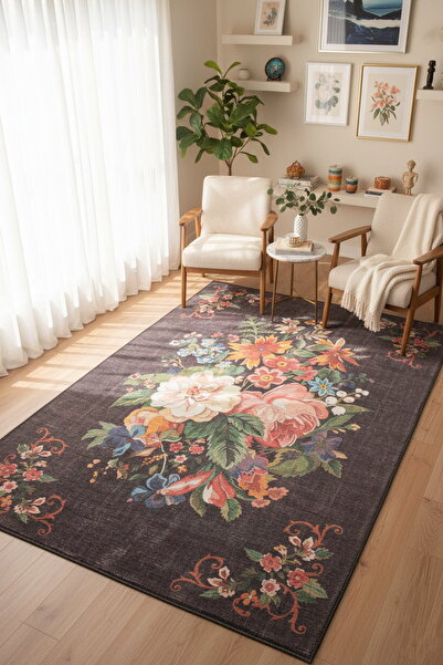 ARTLOOP Soul Etnik Karabağ Çiçek Desenli Dokuma Taban Dekoratif Siyah Halı AL 322