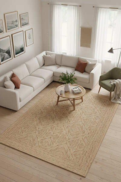 ARTLOOP Nora Jüt Rengi Geometrik Desenli Dokuma Tabanlı Modern Şönil Halı AL 524