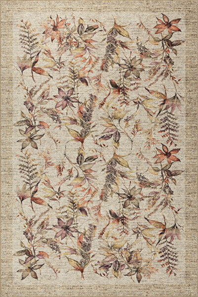 ARTLOOP Florart Bej / Mor Vintage Dokulu Çiçek Desenli Dokuma Tabanlı Şönil Halı AL 469