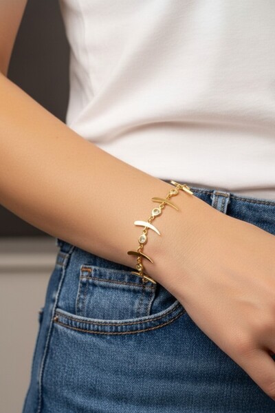 Generic Brand Zircon Stone Fishbone Model Gold Bracelet