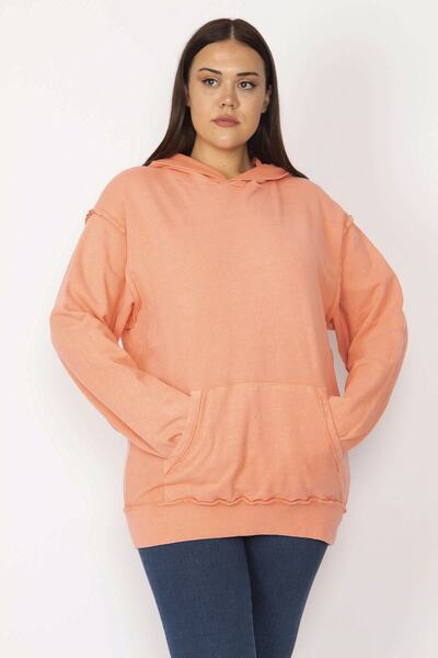 Şans Women's Large Size Orange Hooded Kangaroo Pocket Sweatshirt 65n29634