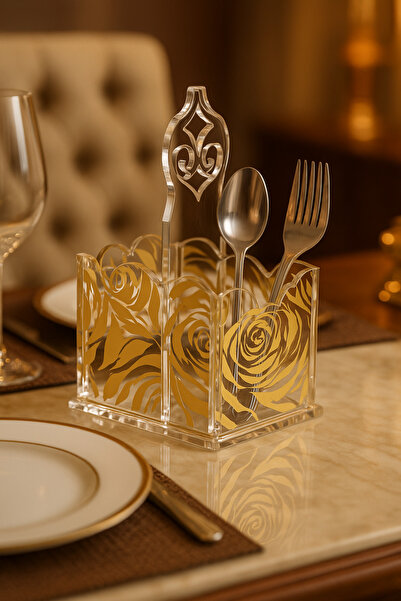 Dania حامل ملاعق وشوك وسكاكين بشكل أنيق وجميل مصنوع من الأكريليك مع ديكور ذهبي