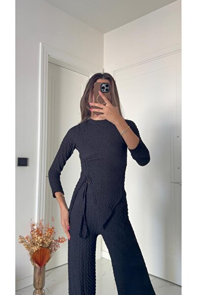 Butik Siyah Asimetrik Büzgülü Gofre Alt-Üst Takım