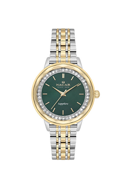Nacar ساعة يد نسائية باللون الفضي والزجاجي الذهبي NC33- 398223 -CNMS
