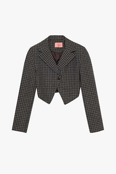 Quzu Ekose Tek Düğmeli Crop Blazer Ceket Kahverengi