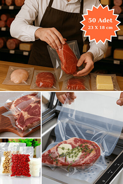 PlasandPlus Endüstriyel Vakum Poşet Torba Et Tavuk Peynir Gıdayla Temasa Uygun 155 Mikron Düz 23x18 cm 50 Adet