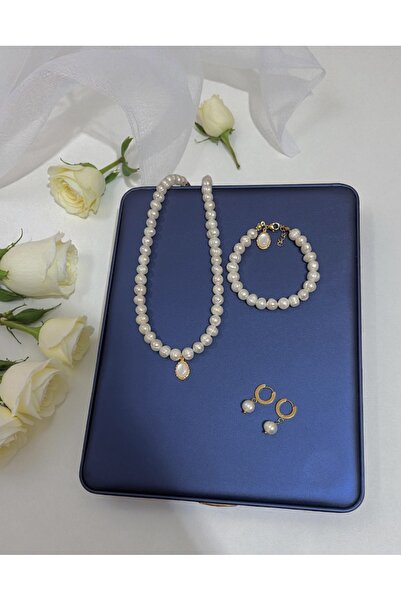 Harikalar Aksesuar Sertifikalı Doğal Beyaz İnci Kolye Bileklik Küpe Set-Çelik Aparat-Oval Charm