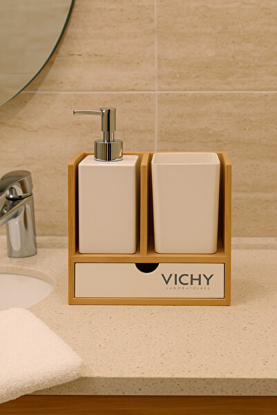 Vichy Πλαστικό σετ μπάνιου με βάση μπαμπού – Δοχείο υγρού σαπουνιού, θήκη οδοντόβουρτσας και οργανωτής με συρτάρια UR-3523