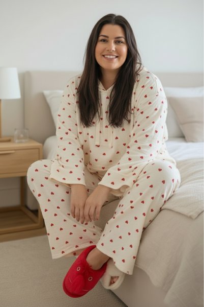 CHUL Büyük Beden %100 pamuk Müslin Kalpli Pijama Takımı - Lohusa Pijaması