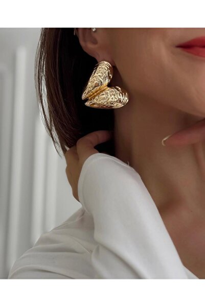 Xui Trend Marka Model Zra Koleksiyonu Tasarım Midye Kalp Küpe/ Gold Deniz Temalı Küpe