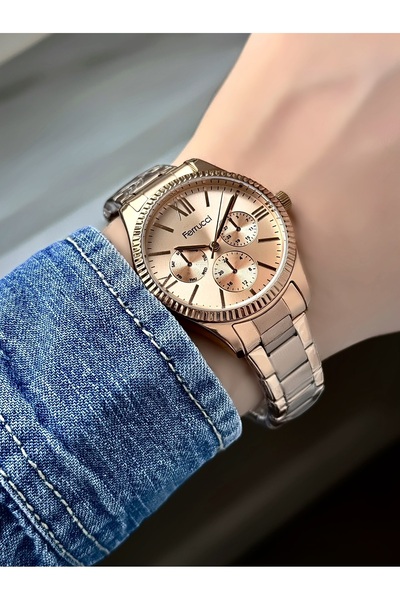 Ferrucci Women's Rose Gold Stone Striped Dial Display Metal Cord Wristwatch