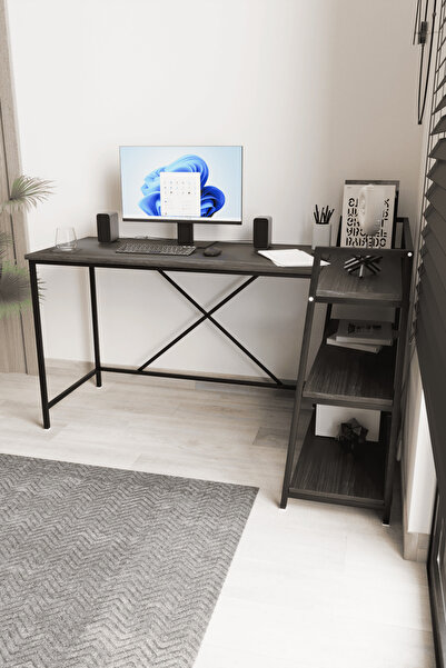 Flinder Siyah Kitaplıklı Çift Yön Kullanıma Uygun Çalışma Masası, Bilgisayar Masası L Masa, Metal Ayaklı