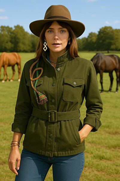 GZ Design Turuncu Püskül Işlemeli Yeşil Renk Jean Ceket