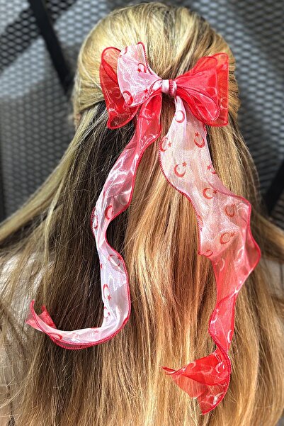 New Obsessions Alice Turkish Flag Red-White Long Tulle Bowknot Hair Clip
