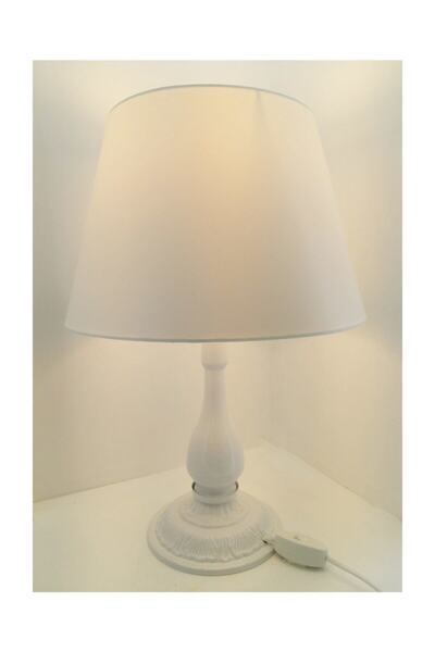 Özel Tasarım Beyaz Rustik Klasik Metal Ayaklı  30'luk Şapkalı   Abajur Masa L...