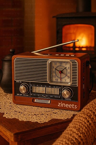 Zineets Saatli Nostaljik Radyo FM Ahşap Görünümlü Bluetooth Hoparlör Ahşap Renk Vintage Saatli IŞIKLI USB SD