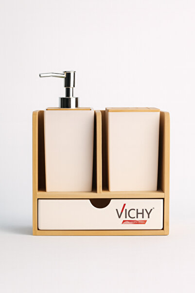 Vichy Πλαστικό σετ μπάνιου με βάση μπαμπού – Δοχείο υγρού σαπουνιού, θήκη οδοντόβουρτσας και οργανωτής με συρτάρια UR-3523