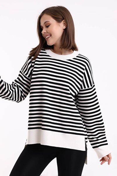 Irmak Kerekli Γυναικείο πλεκτό πουλόβερ εκρού μαύρο ριγέ 6336