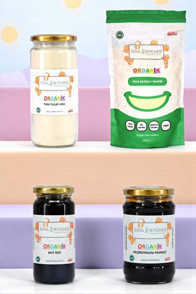 Soul Kitchen Organik Ürünler Organik Ek Gıda Seti Dut Özü - Keçiboynuzu Pekmezi - Irmik 400gr - Tam Yulaf Unu Cam 250gr