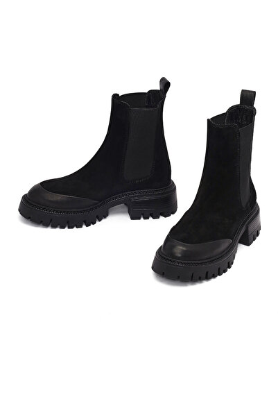Derimod Kadın Siyah Kalın Tabanlı Süet Deri Chelsea Bot 25WFD150710