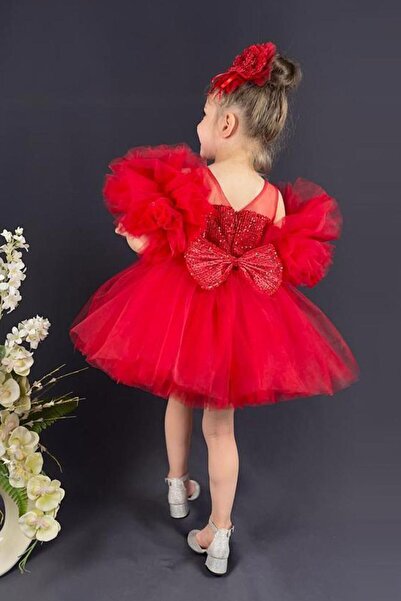 Le Mabelle Red Sequined Accessory Detailed Girls' Dress - Balenca