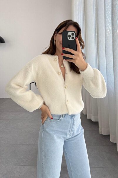 Le Savu Shilsee Women's Pearl Buttoned Yumosh Ecru Knitwear Cardigan