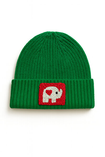 byebruketenci Yeşil Yün Lüks Bere Kırmızı Fil Punch Detaylı , Unisextir