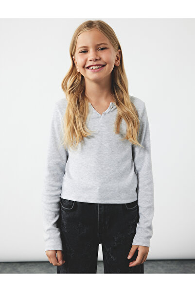 Koton Button Detailed Long Sleeve V Neck Basic T-Shirt