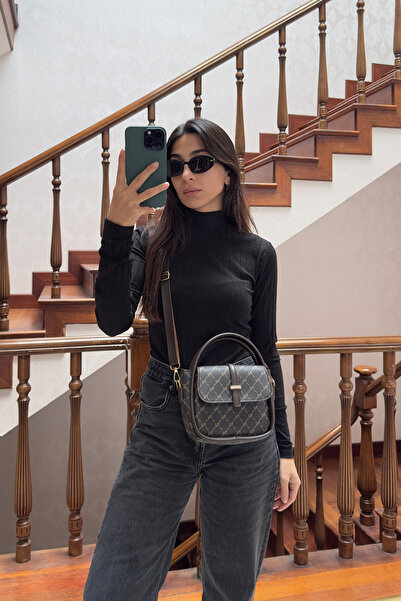 NOTHING Women's Monogram Brown Gold Accessory Detailed Adjustable Strap Hand Shoulder and Crossbody Bag Miya