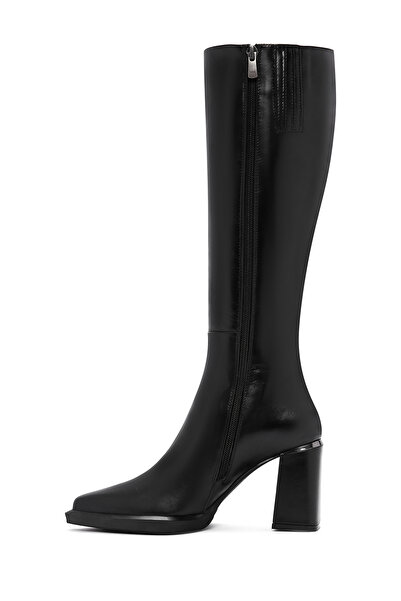 Derimod Women's Black Zippered Thick Heeled Leather Boots 25Wfd131618