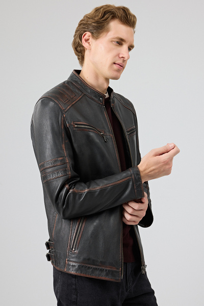 Derimod Leonard Erkek Kahverengi Vintage Slim-Fit Deri Ceket 25WGF6582VD