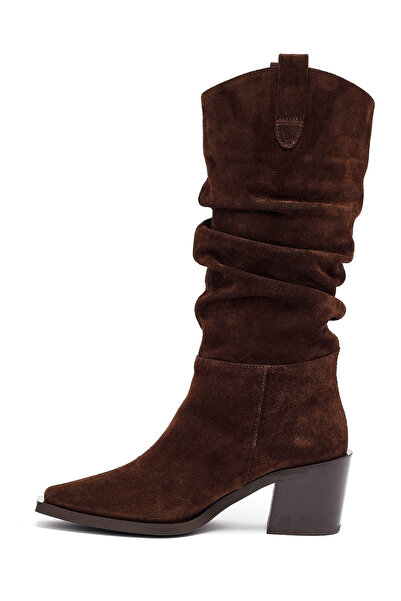 Derimod Women's Brown Thick Heeled Suede Leather Cowboy Boots 25Wfd153810