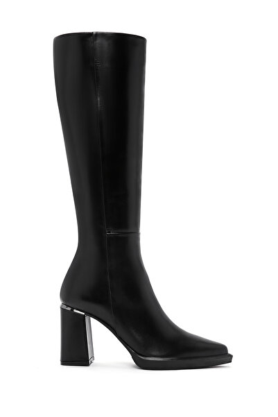 Derimod Women's Black Zippered Thick Heeled Leather Boots 25Wfd131618