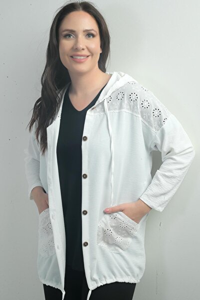By Saygı Women's Hooded Button Front Pocket Scalloped Plus Size Cardigan
