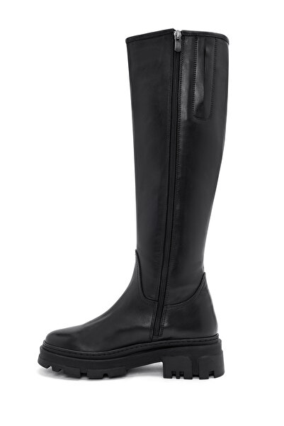 Derimod Women's Black Zippered Thick Soled Leather Boots 25Wfd201218