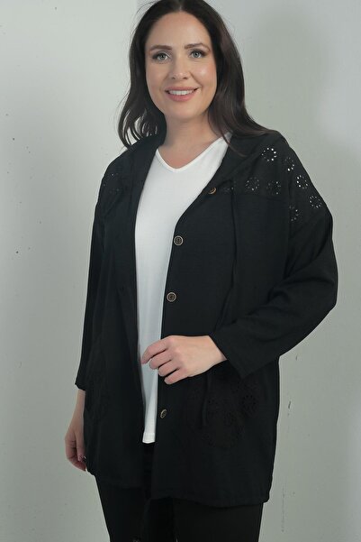 By Saygı Women's Hooded Button Front Pocket Scalloped Plus Size Cardigan