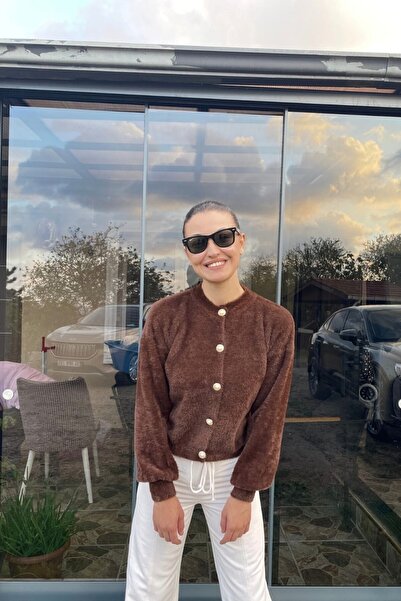 Le Savu Shilsee Women's Pearl Buttoned Yumosh Brown Knitwear Cardigan