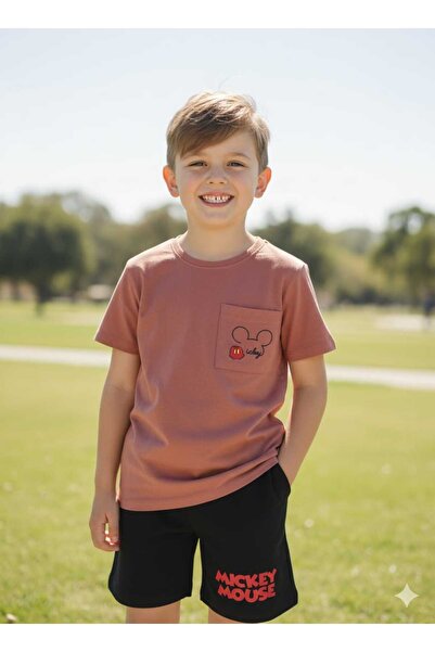 Store Cep Detaylı Mickey Baskılı Şortlu Erkek Çocuk Yazlık Takım Alt-üst Takım Plaj Deniz